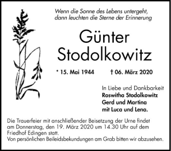 Traueranzeige von Günter Stodolkowitz von Mannheimer Morgen