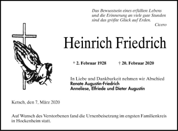 Traueranzeige von Heinrich Friedrich von Schwetzinger Zeitung