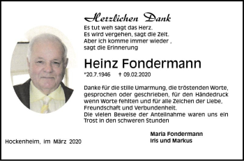 Traueranzeige von Heinz Fondermann von Schwetzinger Zeitung