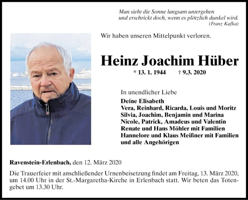  Traueranzeige für Heinz Joachim Hüber vom 12.03.2020 aus Fränkische Nachrichten