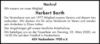 Traueranzeige von Herbert Barth von Schwetzinger Zeitung