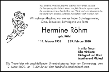 Traueranzeige von Hermine Röhm von Bergsträßer Anzeiger