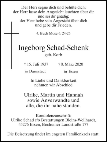 Traueranzeige von Ingeborg Schad-Schenk von Bergsträßer Anzeiger