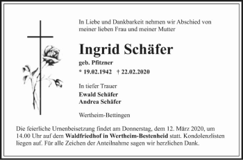 Traueranzeige von Ingrid Schäfer von Fränkische Nachrichten