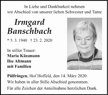 Traueranzeige von Irmgard Banschbach von Fränkische Nachrichten