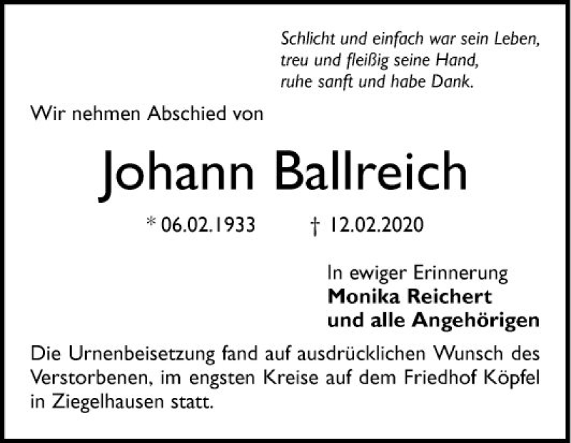  Traueranzeige für Johann Ballreich vom 07.03.2020 aus Mannheimer Morgen