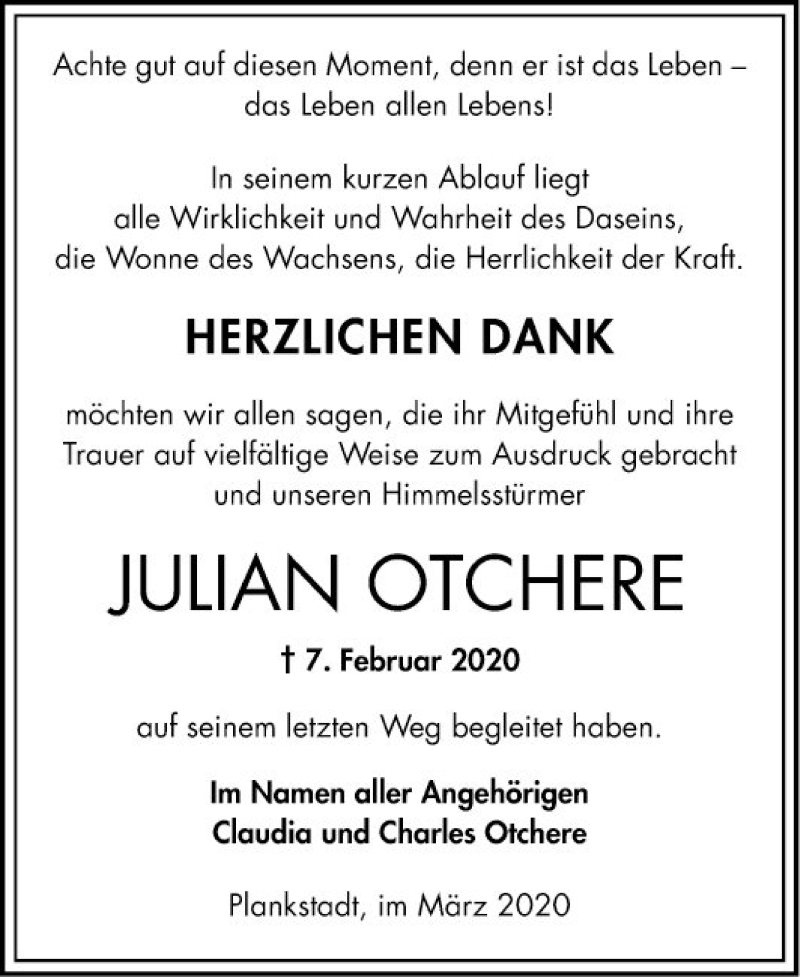  Traueranzeige für Julian Otchere vom 14.03.2020 aus Mannheimer Morgen