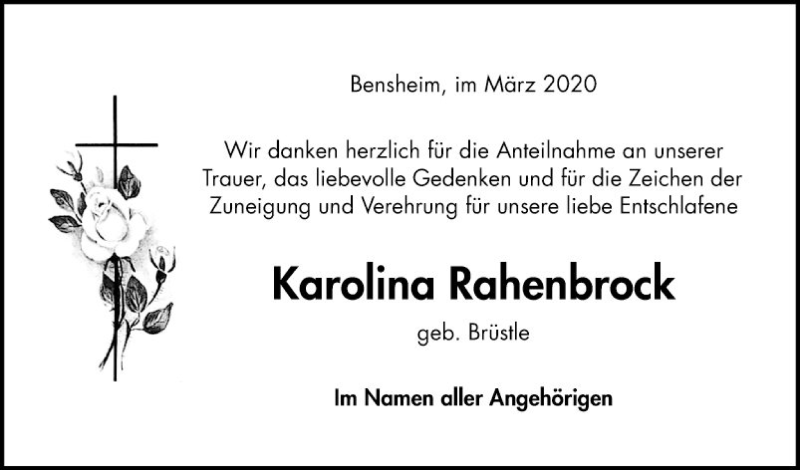  Traueranzeige für Karolina Rahenbrock vom 07.03.2020 aus Bergsträßer Anzeiger