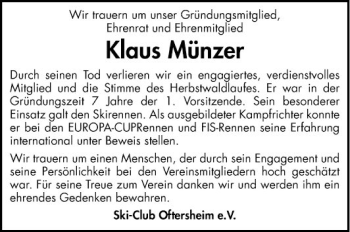 Traueranzeige von Klaus Münzer von Schwetzinger Zeitung