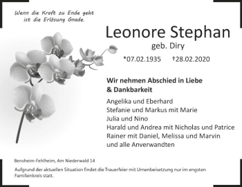 Traueranzeige von Leonore Stephan von Bergsträßer Anzeiger