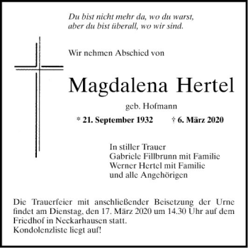Traueranzeige von Magdalena Hertel von Mannheimer Morgen
