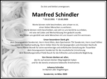 Traueranzeige von Manfred Schindler von Fränkische Nachrichten