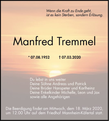 Traueranzeige von Manfred Tremmel von Mannheimer Morgen