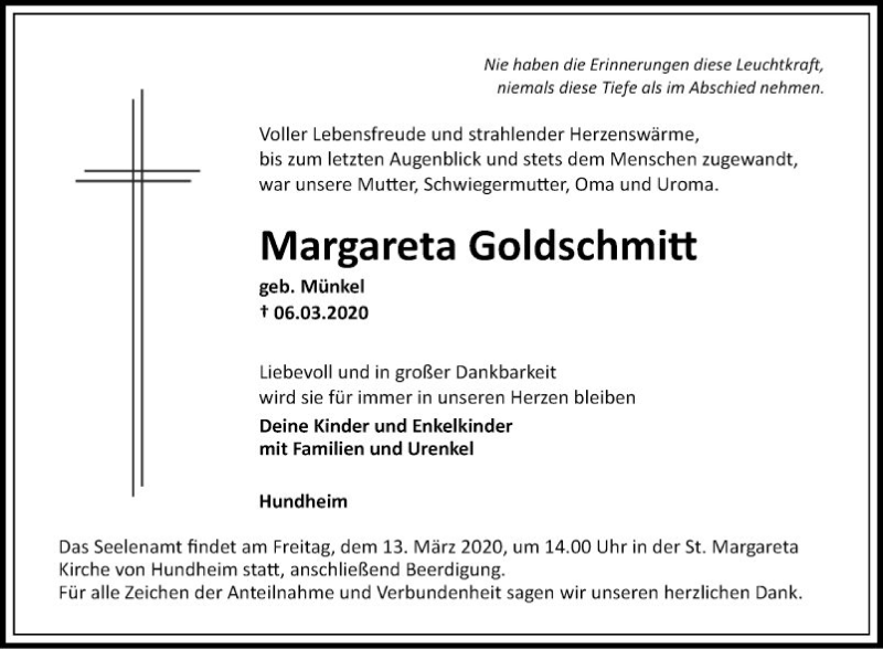  Traueranzeige für Margareta Goldschmitt vom 11.03.2020 aus Fränkische Nachrichten