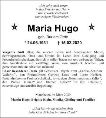 Traueranzeige von Maria Hugo von Mannheimer Morgen