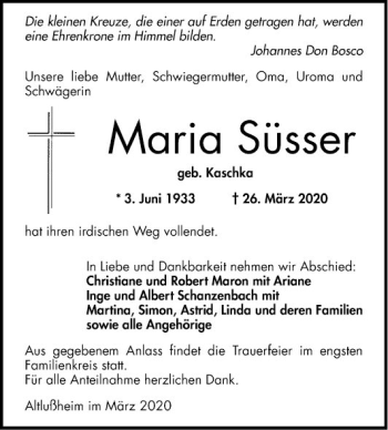Traueranzeige von Maria Süsser von Schwetzinger Zeitung