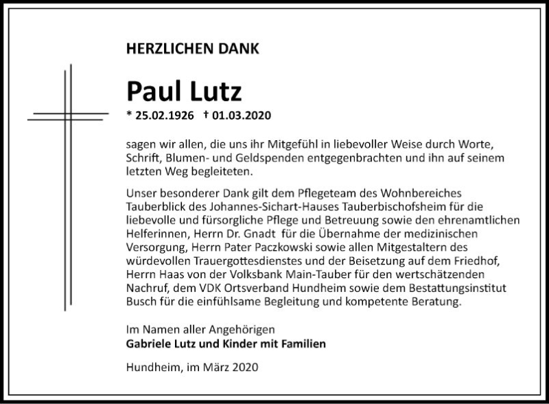  Traueranzeige für Paul Lutz vom 28.03.2020 aus Fränkische Nachrichten