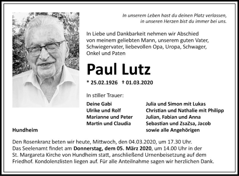  Traueranzeige für Paul Lutz vom 04.03.2020 aus Fränkische Nachrichten