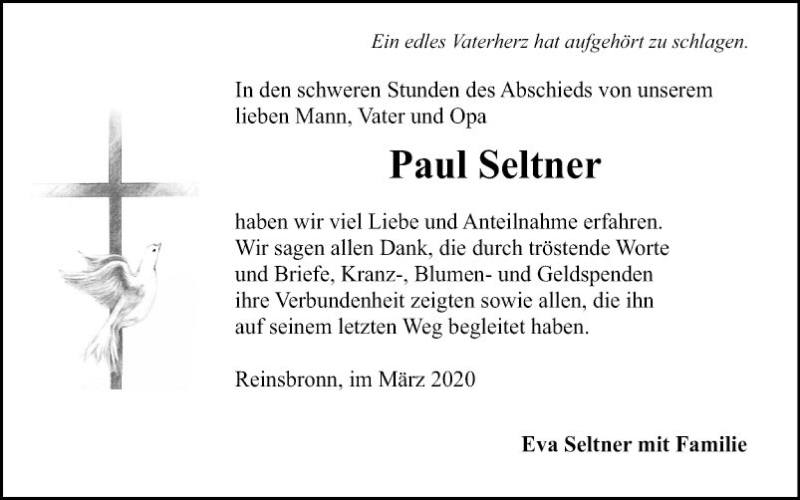  Traueranzeige für Paul Seltner vom 21.03.2020 aus Fränkische Nachrichten