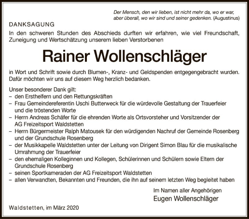  Traueranzeige für Rainer Wollenschläger vom 14.03.2020 aus Fränkische Nachrichten