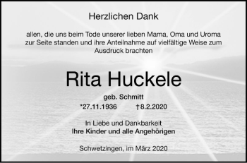 Traueranzeige von Rita Huckele von Schwetzinger Zeitung