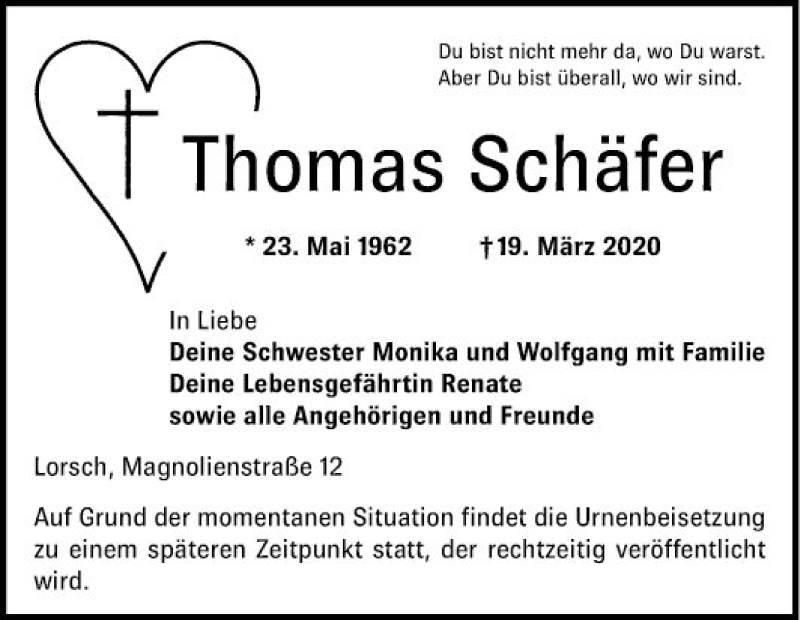  Traueranzeige für Thomas Schäfer vom 24.03.2020 aus Bergsträßer Anzeiger