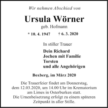 Traueranzeige von Ursula Wörner von Fränkische Nachrichten