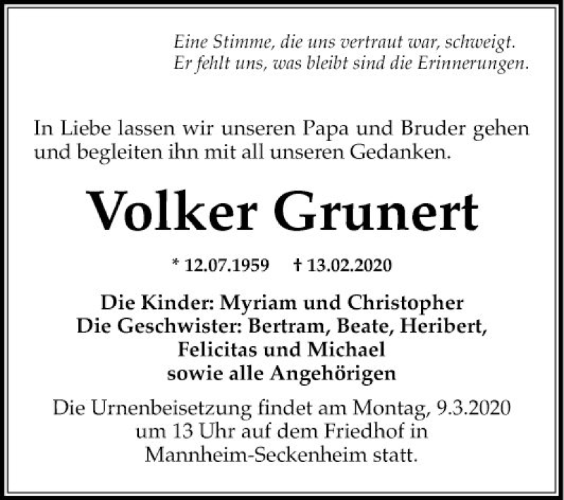  Traueranzeige für Volker Grunert vom 07.03.2020 aus Mannheimer Morgen