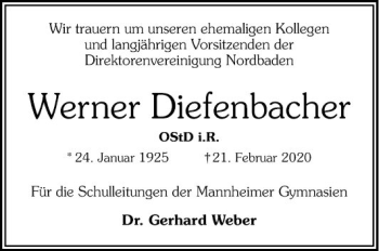 Traueranzeige von Werner Diefenbacher von Mannheimer Morgen