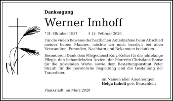 Traueranzeige von Werner Imhoff von Schwetzinger Zeitung