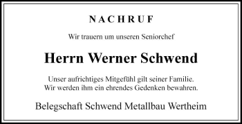 Traueranzeige von Werner Schwend von Fränkische Nachrichten