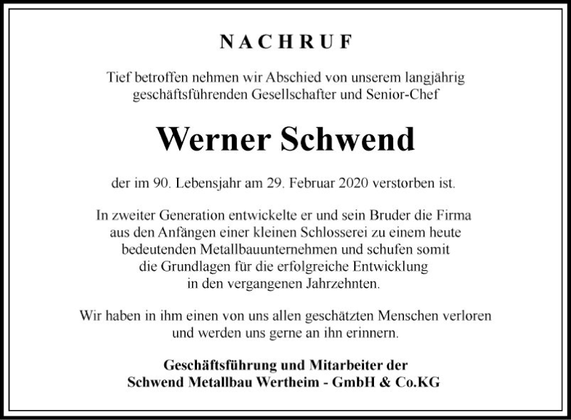 Traueranzeige für Werner Schwend vom 07.03.2020 aus Fränkische Nachrichten