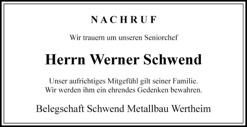  Traueranzeige für Werner Schwend vom 07.03.2020 aus Fränkische Nachrichten