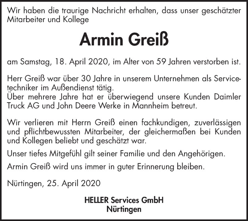  Traueranzeige für Armin Alfons Greiß vom 25.04.2020 aus Mannheimer Morgen