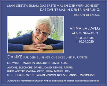 Traueranzeige von Anna Ballweg von Fränkische Nachrichten