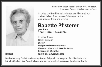 Traueranzeige von Babette Pfisterer von Fränkische Nachrichten