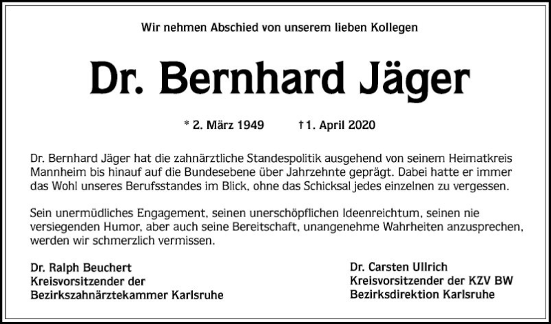  Traueranzeige für Bernhard Jäger vom 11.04.2020 aus Schwetzinger Zeitung