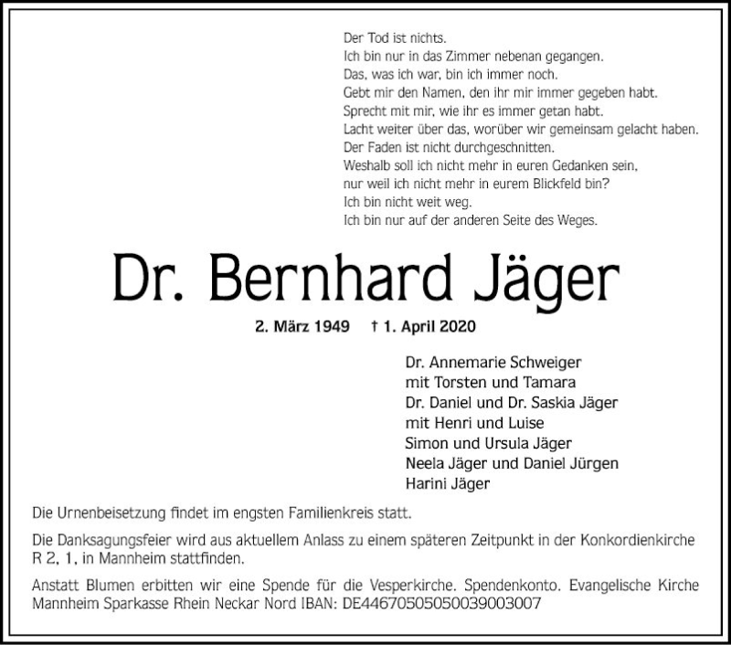 Traueranzeige für Bernhard Jäger vom 04.04.2020 aus Mannheimer Morgen