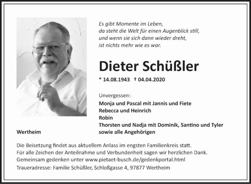  Traueranzeige für Dieter Schüßler vom 09.04.2020 aus Fränkische Nachrichten