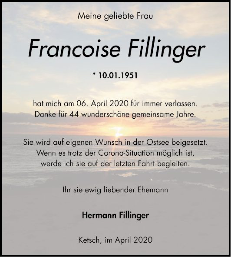  Traueranzeige für Francoise Fillinger vom 09.04.2020 aus Schwetzinger Zeitung