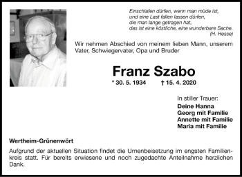 Traueranzeige von Franz Szabo von Fränkische Nachrichten