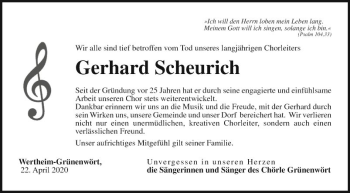 Traueranzeige von Gerhard Scheurich von Fränkische Nachrichten