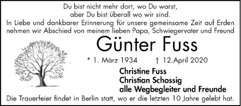  Traueranzeige für Günter Fuss vom 25.04.2020 aus Mannheimer Morgen