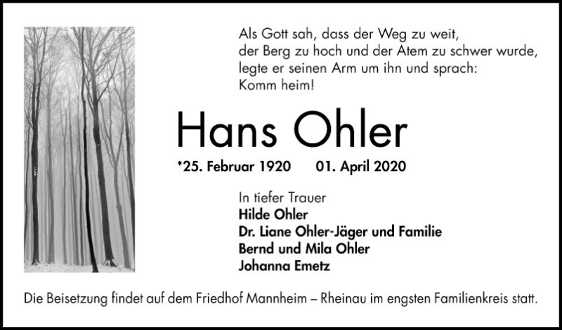  Traueranzeige für Hans Ohler vom 11.04.2020 aus Mannheimer Morgen