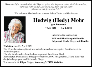 Traueranzeige von Hedwig Mohr von Fränkische Nachrichten
