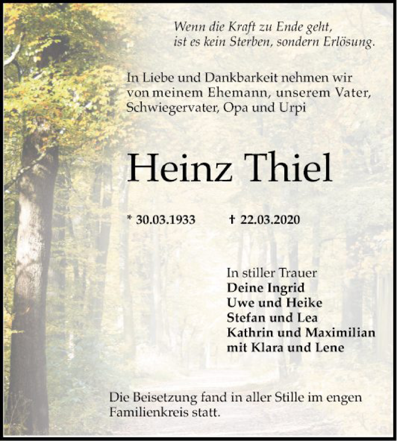  Traueranzeige für Heinz Thiel vom 04.04.2020 aus Mannheimer Morgen