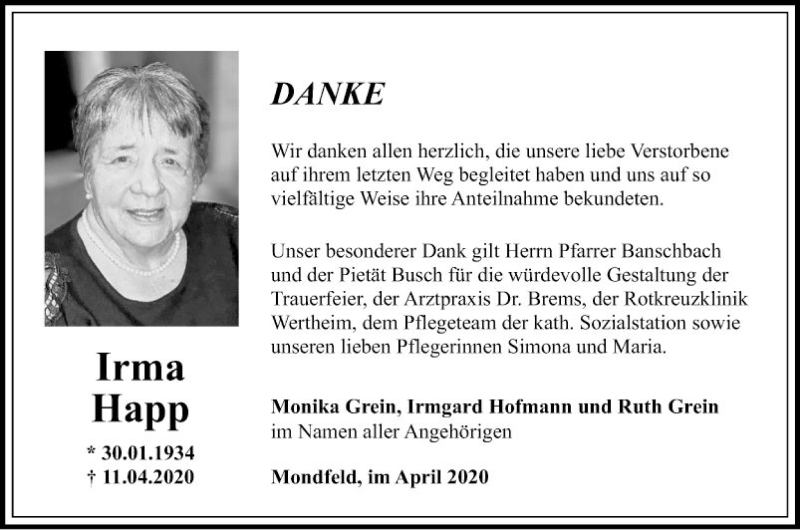  Traueranzeige für Irma Happ vom 23.04.2020 aus Fränkische Nachrichten
