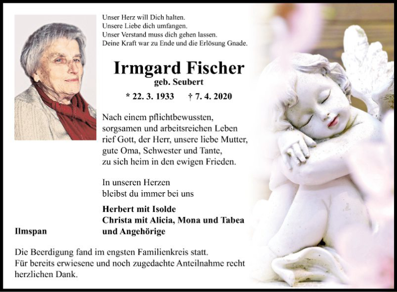  Traueranzeige für Irmgard Fischer vom 16.04.2020 aus Fränkische Nachrichten