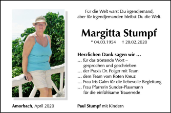 Traueranzeige von Margitta Stumpf von Fränkische Nachrichten