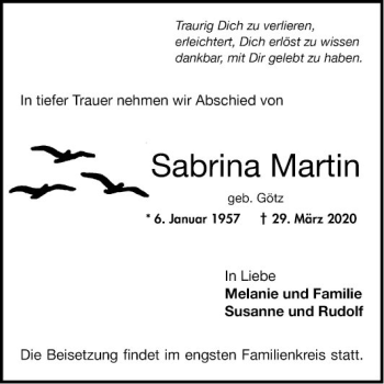 Traueranzeige von Sabrina Martin von Mannheimer Morgen